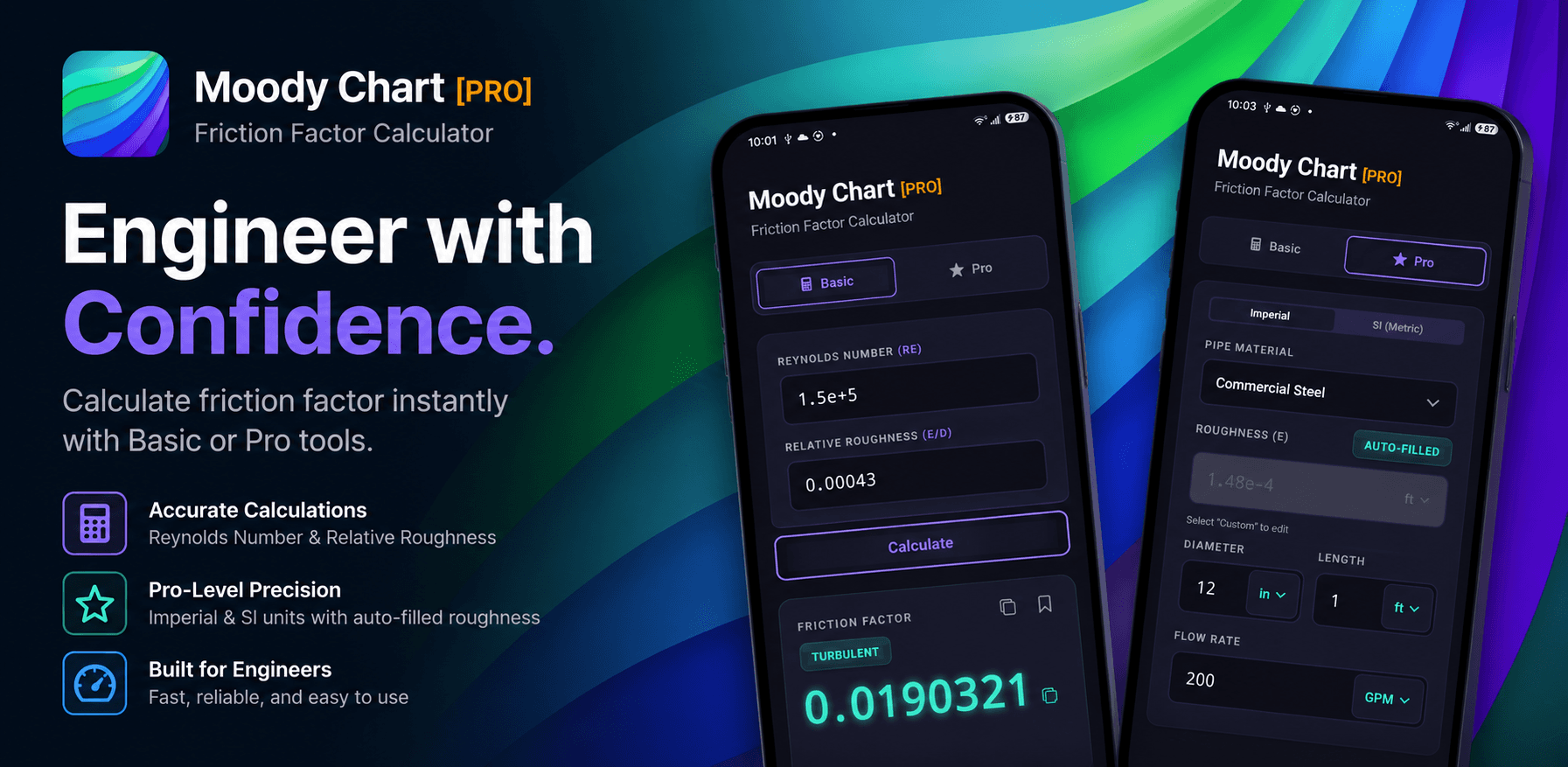 Moody Chart Pro app on iPhone showing friction factor calculation